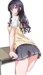  1girl absurdres amagami arched_back arm_support ass ass_peek black_hair black_hairband blue_eyes blush commentary_request cropped_legs curly_hair desk drill_hair from_behind grey_skirt hairband highres kibito_high_school_uniform looking_at_viewer looking_back miniskirt morishima_haruka open_mouth pleated_skirt school_desk school_uniform shirt short_sleeves simple_background skirt solo summer_uniform sweater_vest thighs ukkii white_background white_shirt yellow_sweater_vest 