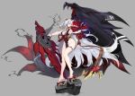  1girl artery_gear artery_gear:_fusion bare_hips bare_legs black_nails blue_eyes breasts cleavage closed_mouth commentary condor_(artery_gear) eyepatch full_body grey_background highres holding holding_weapon large_breasts long_hair mask no_panties official_art okobo pelvic_curtain platform_sandals sandals skin_seams solo tengu_mask thick_thighs thighs untranslatable_commentary very_long_hair weapon zhu_fun 