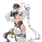  1girl arm_up bare_shoulders black_hair braid braided_twintails commentary_request detached_sleeves dialyn_(zenless_zone_zero) dress drink earrings hair_extensions hair_ornament highres holding holding_drink jewelry korean_commentary long_hair looking_at_viewer multicolored_hair necktie panda_hair_ornament ring_hair_extensions sigi_pip simple_background solo split-color_hair tongue tongue_out upper_body white_background white_hair yellow_eyes yellow_necktie zenless_zone_zero 