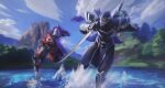  2boys 625285879 armor black_tabard blue_sky blurry blurry_background cape chasing chinese_commentary claw_(weapon) cloud commentary_request cuirass day forest gauntlets helm helmet highres holding holding_sword holding_weapon katana league_of_legends male_focus mask mountain mountainous_horizon mouth_mask multiple_boys nature ninja ninja_mask pauldrons red_cape red_eyes reverse_grip river running running_on_liquid shen_(league) shoulder_armor sky splashing sword sword_on_back tabard tree vambraces water waves weapon weapon_on_back yellow_eyes zed_(league) 