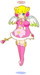  1girl bad_id blonde_hair blue_eyes blush_stickers boots buttons character_request collared_dress commentary_request creature dated_commentary dress floating fujii_makiko full_body gem hair_between_eyes halo heart heart_wand juliet_sleeves long_sleeves looking_at_viewer lowres on_shoulder one_eye_closed pink_boots pink_dress puffy_sleeves short_dress short_hair smile thigh_boots wand white_background wings zettai_ryouiki 