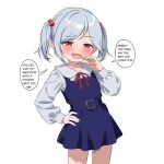  1girl absurdres belt blue_belt blue_dress blush dress fang hanakaji_(yuuchanto) highres looking_at_viewer mesugaki original pointy_ears red_eyes shirt shirt_under_dress simple_background skin_fang smile smug solo two_side_up white_hair white_shirt 