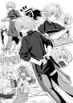  2boys 2girls absurdres ahoge alyosha_(genshin_impact) animal animal_ear_fluff animal_ears apron arms_behind_back bare_shoulders bench boots cape choker closed_eyes closed_mouth collared_jacket commentary_request cutting cutting_board detached_sleeves dog dog_ears dog_tail dress feather_hair_ornament feathers feet_out_of_frame fingernails fins flower food freckles frilled_choker frills full_body fur_collar gem genibun genshin_impact greyscale hair_between_eyes hair_bun hair_flower hair_ornament hair_over_one_eye hairband hands_up head_fins high_collar highres holding holding_knife holding_tray husky index_finger_raised jacket jewelry kitchen_knife knife long_hair long_sleeves looking_at_food looking_down looking_to_the_side meat mitya_(genshin_impact) monochrome multiple_boys multiple_girls multiple_views necklace no_mouth notice_lines odette_(genshin_impact) open_mouth palms_together pants pearl_hair_ornament pet plate puffy_detached_sleeves puffy_long_sleeves puffy_sleeves scarf shirt short_hair sidelocks sleeveless sleeveless_dress smile solo_focus speech_bubble spoken_food standing strapless strapless_dress sweatdrop table tail thigh_strap thought_bubble tray tugarin_(genshin_impact) turtleneck turtleneck_shirt upper_body very_long_hair vodyanitsa_(genshin_impact) walking wavy_hair wooden_bench wooden_table 