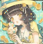 1girl backpack bag black_hair blue_background food fruit hat holding holding_food holding_ice_cream ice_cream looking_at_viewer medium_hair open_mouth orange_(fruit) original sailor_collar shirt short_twintails simple_background solo soriya sun_hat twintails upper_body white_sailor_collar yellow_eyes yellow_shirt 