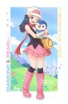  1girl absurdres anniversary bag bare_shoulders beanie black_hair black_shirt black_socks blue_hair blue_sky blush boots breasts cloud combee commentary commission dawn_(pokemon) drifloon duffel_bag english_commentary english_text field flower grass grey_eyes hair_ornament hairclip hat highres holding holding_pokemon knee_boots kneehighs long_hair one_eye_closed open_mouth outdoors pink_boots pink_skirt pochamastudios poke_ball_print pokemon pokemon_(creature) pokemon_diamond/pearl/platinum poketch red_scarf scarf shirt skirt sky sleeveless small_breasts smile socks watch white_hat wind_turbine wings wristwatch 