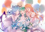  3girls ^_^ balloon bangs blonde_hair blue_flower closed_eyes collarbone dress dus_(violetyuuki) elira_pendora eyebrows_visible_through_hair finana_ryugu flower hair_over_one_eye hairband head_fins head_wings highres holding holding_flower lazulight long_hair multiple_girls nijisanji nijisanji_en off-shoulder_dress off_shoulder one_eye_closed pointy_ears pomu_rainpuff virtual_youtuber white_background white_dress white_flower white_hairband 