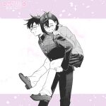  1boy 1girl 39_dayoo ayase_momo blush buttons carrying closed_eyes commentary crossed_bangs dandadan earrings feet_out_of_frame from_side gakuran glasses hair_between_eyes hand_on_another's_shoulder jewelry kami_high_school_uniform kneehighs knees long_sleeves loose_socks miniskirt open_mouth pants piggyback pleated_skirt round_eyewear school_uniform shoes short_hair skirt smile socks sweatdrop takakura_ken_(dandadan) twitter_username untranslatable_commentary 
