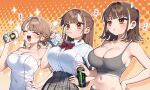  3girls :3 after_bathing arm_up asymmetrical_bangs beer_can blush bow bowtie bra breasts brown_eyes brown_hair can chibi_kyonyuu chinese_text cleavage closed_eyes collarbone collared_shirt comedic_sweatdrop commentary covered_navel dotted_background drink drink_can drinking drinking_straw eyelashes fingernails hair_intakes halftone hand_on_own_hip highres holding holding_drink kodama_mashiro_(sakura_yuki) kodama_rin_(sakura_yuki) kodama_sawa_(sakura_yuki) large_breasts lineup milk monster_energy multiple_girls naked_towel narration pinky_out plaid_clothes plaid_skirt puff_of_air red_bow red_bowtie sakura_yuki_(clochette) sapporo_beer school_uniform shirt shortstack siblings sideboob sidelocks skirt sparkle sports_bra standing stitched swept_bangs tight_clothes towel underwear upper_body yellow_eyes 