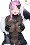  1girl absurdres adjusting_hair aqua_eyes argyle_clothes azur_lane belt black_belt bodystocking bodysuit breasts cake cameltoe choker cleft_of_venus commentary commentary_request covered_groin covered_navel cowboy_shot demon_girl demon_horns diamond-shaped_pupils diamond_(shape) ear_piercing elbow_gloves food fur-trimmed_jacket fur_jacket fur_trim gloves groin hair_intakes halterneck highres horns jacket large_breasts lingerie max_immelmann_(azur_lane) mole mole_under_mouth mons_pubis one_eye_closed open_belt oto_(127074699) parted_bangs piercing pointy_ears purple_hair pussy simple_background speech_bubble spiked_choker spikes symbol-shaped_pupils thought_bubble tongue tongue_out underwear 