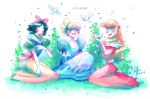  aurora_(disney) bird blonde_hair bow cinderella_(disney_character) cinderella_(disney_movie) cinderella_(fairy_tale) colorful commentary disney dress english_commentary grass highres leffie_(raiffie) princess red_bow snow_white_and_the_seven_dwarfs_(disney) toon_(style) tree 