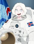  1girl astronaut blue_eyes hellonearthiii helmet highres holding holding_unworn_helmet icelandic_flag looking_at_viewer open_mouth original ragna_(hellonearthiii) solo space_helmet teeth unworn_headwear unworn_helmet upper_teeth_only white_hair 