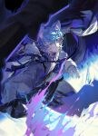  1boy animal_ear_fluff animal_ears animal_on_shoulder arknights bird blue_fire blue_hair chinese_commentary commentary_request fire flaming_sword flaming_weapon glowing holding holding_sword holding_weapon jacket long_sleeves looking_at_viewer male_focus mizukai multicolored_hair shirt short_hair silverash_(arknights) silverash_the_reignfrost_(arknights) snow_leopard_boy snow_leopard_ears snow_leopard_tail solo streaked_hair sword tail tenzin_(arknights) weapon white_jacket 