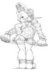  1girl ahoge animal_ear_fluff animal_ear_piercing animal_ears animal_feet blush braid braided_twintails closed_mouth commentary from_behind full_body furry furry_female greyscale hair_ornament hands_on_own_hips highres jumsoii long_hair looking_at_viewer looking_back monochrome rabbit_ears rabbit_girl screw short_eyebrows simple_background smile solo sphere_hair_ornament thick_eyebrows thigh_strap twin_braids white_background zenless_zone_zero zhao_(zenless_zone_zero) 