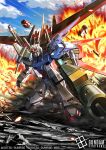  amasaki_yusuke arm_shield beam_cannon blue_sky cannon clenched_hand cloud commentary_request copyright_logo copyright_name copyright_notice day debris directed-energy_weapon energy_cannon energy_sword explosion explosion_background eye_trail gatling_gun glowing glowing_eyes gundam gundam_card_game gundam_seed holding holding_cannon holding_weapon huge_weapon light_trail logo mecha mecha_focus mechanical_wings missile_pod mobile_suit motion_lines no_humans official_art on_one_knee perfect_strike_gundam robot science_fiction sky sword sword_on_back thrusters v-fin weapon weapon_on_back wings yellow_eyes 
