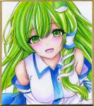  1girl bare_shoulders blue_ribbon blue_trim blush breasts collared_shirt colored_pencil_(medium) commentary_request detached_sleeves dot_nose frog_hair_ornament green_eyes green_hair hair_between_eyes hair_ornament hair_tubes head_tilt kochiya_sanae leaning_forward long_hair looking_at_viewer marker_(medium) medium_breasts nightmare77zx nontraditional_miko open_mouth painting_(medium) photo_(medium) ribbon shikishi shirt simple_background single_hair_tube sleeve_ribbon sleeveless sleeveless_shirt smile snake_hair_ornament solo split_mouth touhou traditional_media upper_body watercolor_(medium) white_shirt white_sleeves 