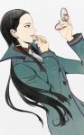  1girl absurdres ace_attorney ace_attorney_investigations ace_attorney_investigations:_miles_edgeworth balance_scale_earrings black_hair blue_jacket blue_suit calisto_yew coat compact_(cosmetics) cosmetics cropped_torso earrings freckles grey_eyes hand_mirror highres holding holding_lipstick_tube jacket jewelry lipstick_tube long_hair long_sleeves looking_at_mirror mirror necktie red_eyes shih-na short_hair simple_background sio2_(whynotkarma) smile solo suit trench_coat upper_body white_hair white_necktie 