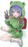  1girl absurdres animal_hood bag belt blue_hair blush bone_hair_ornament boots commentary_request fang frog_hood gloves green_belt green_hood green_raincoat grey_gloves hair_ornament highres hood knee_pads looking_at_viewer name_tag open_mouth rainbow_hair_ornament raincoat red_bag rubber_boots sakahana single_knee_pad skin_fang star_(symbol) star_hair_ornament virtual_youtuber vspo! white_background yano_kuromu yano_kuromu_(4th_costume) yellow_eyes 