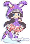  1girl 3: alternate_costume animal_ear_hood animal_ears aswad_(puyopuyo) black_hair blue_eyes blush_stickers boots bow closed_umbrella commentary_request dress dress_bow fake_animal_ears full_body hair_bobbles hair_ornament hair_over_shoulder half-closed_eyes hand_up holding holding_own_hair holding_umbrella hood hood_bow hood_up hooded_shirt long_hair looking_to_the_side low_twintails official_style pimyuhuwa pink_bow pink_dress polka_dot polka_dot_dress purple_boots purple_shirt purple_umbrella puyopuyo puyopuyo_quest rabbit_ears raised_inner_eyebrows rubber_boots shirt sideways_glance simple_background solo standing standing_on_one_leg twintails twitter_username umbrella very_long_hair white_background white_bow 