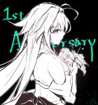  1girl akihi497 archetype_earth arcueid_brunestud backless_dress backless_outfit black_background bouquet bow breasts cleavage commentary detached_sleeves dress dress_bow english_text flower hair_between_eyes high_collar highres holding holding_bouquet light_smile long_hair looking_at_viewer looking_back monochrome partially_colored puffy_detached_sleeves puffy_sleeves sidelocks solo tsukihime tsukihime_(remake) untranslatable_commentary upper_body 