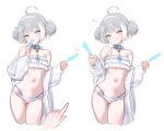  1girl 1other :q adelie_cat ahoge alternate_costume bare_shoulders bikini blue_eyes breasts coat collar commentary cropped_legs disembodied_hand double_bun female_tyrant_(stella_sora) female_tyrant_(swimsuit)_(stella_sora) food food_in_mouth frilled_bikini frills grey_hair hair_bun hairband heart highres holding holding_food holding_ice_cream holding_popsicle ice_cream incoming_gift jewelry key key_necklace multicolored_hair multiple_views navel necklace official_alternate_costume open_clothes open_shirt pointing pointy_ears popsicle popsicle_in_mouth ribbon ruffle_bikini shirt shirt_partially_removed short_hair simple_background small_breasts stella_sora stomach strap_slip swimsuit tongue tongue_out two-tone_hair tyrant_(stella_sora) untranslatable_commentary white_bikini white_coat white_hair white_hairband white_shirt 