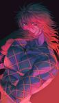 1boy absurdres argyle_clothes argyle_sweater blonde_hair blue_sweater commentary covering_own_mouth cracked_skin diego_brando gloves hair_between_eyes highres jojo_no_kimyou_na_bouken looking_at_viewer male_focus medium_hair red_eyes red_theme solo standing steel_ball_run sweater turtleneck turtleneck_sweater upper_body zijnqin114514 