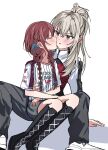  2girls absurdres black_boots blue_ribbon blush boots braid braided_twintails closed_eyes clothes_writing commentary_request english_text girls_band_cry grey_eyes grey_hair grey_pants grey_shorts hair_ribbon highres iseri_nina jutteong kawaragi_momoka kiss kissing_cheek korean_commentary lace-up_boots long_hair long_sleeves looking_at_another multicolored_shirt multiple_girls pants parted_lips ponytail red_hair ribbon shirt shoes short_shorts short_sleeves shorts simple_background sitting sitting_on_lap sitting_on_person sneakers spread_legs striped_clothes striped_shirt vertical-striped_clothes vertical-striped_shirt white_background white_shirt white_shoes yuri 