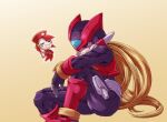  1boy 1girl arm_on_knee arm_rest black_eyes blonde_hair chibi commentary_request cyber-elf_(mega_man) helmet highres long_hair mega_man_(series) mega_man_zero_(series) red_hair sitting smile toned toned_male very_long_hair wrato zero(z)_(mega_man) zero_(mega_man) 