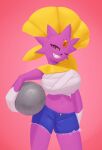  absurd_res alternate_color anthro bandage big_breasts bottomwear breasts clothed clothing cutoffs denim denim_clothing dibujosv12 female hi_res holding_object iron_ball mammal mustelid nintendo pok&eacute;mon pok&eacute;mon_(species) shiny_pok&eacute;mon shorts smile solo video_games weavile 