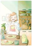 1girl :d ^_^ blonde_hair blush bowl cabinet closed_eyes coffee_mug commentary_request crew_neck cup donut eating facing_viewer flower food food_on_face hair_ornament hairclip hands_up happy highres holding holding_food indoors itunohika kitchen mug open_mouth original oven_mitts plant plate pov_across_table shirt short_hair short_sleeves slice_of_life smile solo straight-on straight_hair t-shirt table tile_wall tiles vase vines white_flower white_shirt 