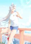 1girl absurdres ahoge animal_ears bag blue_eyes blue_shorts blue_sky breasts commentary ear_ornament english_commentary fence food food_in_mouth grey_hair grey_tail hair_between_eyes hair_ornament hairband highres holding holding_bag holding_food holding_popsicle horse_ears horse_girl horse_tail long_hair medium_breasts multicolored_hair oguri_cap_(umamusume) outdoors popsicle popsicle_in_mouth shirt short_sleeves shorts sitting sky solo tail udon-udon umamusume white_shirt 