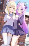  2girls alternate_costume black_jacket blonde_hair blue_eyes blue_skirt blush braid breasts citlali_(genshin_impact) commentary_request day facial_mark fingernails floating_headgear forehead_mark genshin_impact gradient_hair grey_shirt hair_between_eyes hand_on_another's_waist hand_up headgear highres hyakuya_iori jacket long_sleeves looking_at_viewer lumine_(genshin_impact) medium_breasts multicolored_hair multiple_girls open_clothes open_jacket open_mouth outdoors parted_lips pink_hair pink_pupils pleated_skirt purple_hair shirt short_hair_with_long_locks signature skirt small_breasts thighhighs triangle triangle_facial_mark twin_braids v white_shirt white_thighhighs yellow_eyes 