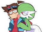  1boy 1girl ahoge artist_self-insert bags_under_eyes beard_stubble blue_jacket bob_cut brown_hair colored_skin commentary detached_ahoge english_commentary exhausted eyeshadow facial_hair gardevoir goggles goggles_on_head green_hair green_skin grey_hair hair_over_one_eye hands_on_another's_shoulders jacket leaning_forward licking licking_another's_face makeup multicolored_hair multicolored_skin one_eye_covered original pokemon pokemon_(creature) purple_eyeshadow red_eyes red_sweater scott_falco simple_background sleeves_rolled_up stubble sweater turtleneck turtleneck_sweater two-tone_hair two-tone_skin white_background white_skin 