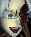 1boy absurdres animegao bandaid bandaid_on_face bandaid_on_nose blood blood_on_face blue_eyes blue_hair boku_no_hero_academia broken_mask close-up crack cracked_face cracked_kawaii_mask cracked_mask cracked_skin hand_on_own_face highres kigurumi loud_cloud male_focus mask masked mismatched_eyes open_mouth revealing_layer short_hair smile split_theme ssib_deok_iida teeth 