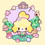  1girl animal_crossing animal_crossing:_new_leaf animal_ears animal_nose apple beetle bell blushsprout body_fur box bug building butterfly_net chibi chibi_only clipboard dog_ears dog_girl dog_tail envelope food fossil fruit furry furry_female gift gift_box green_assault_visor gyroid_(animal_crossing) hair_bell hair_ornament hand_net holding holding_clipboard isabelle_(animal_crossing) leaf peach protected_link shih_tzu shirt solo tail topknot two-tone_fur yellow_background yellow_fur yellow_theme 