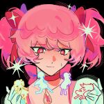  5girls absurdres akemi_homura black_background bokkombap bright_pupils chest_jewel closed_mouth gem highres kaname_madoka kaname_madoka_(magical_girl) magical_girl mahou_shoujo_madoka_magica mahou_shoujo_madoka_magica_(anime) miki_sayaka multiple_girls pink_eyes pink_gem pink_hair sakura_kyoko short_hair silhouette simple_background solo_focus soul_gem_(madoka_magica) sweatdrop tomoe_mami twintails white_pupils 