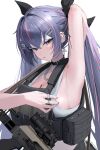  1girl absurdres aegyo_sal ak-74m arm_tattoo armpits assault_rifle black_bow black_choker blue_eyes bow breasts chain chain_necklace choker cleavage commentary cross cross_earrings crossed_bangs ear_piercing earrings elcan_scope gun hair_bow hair_ornament hairclip highres jewelry kalashnikov_rifle large_breasts load-bearing_vest long_hair looking_at_viewer multicolored_hair necklace original parallel_hairclips piercing pink_streaks presenting_own_armpit purple_hair purple_nails rifle ring shirt simple_background solo spiked_ear_piercing sthk streaked_hair tattoo twintails weapon white_background white_shirt 