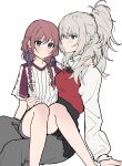  2girls absurdres arm_around_another's_back arm_around_neck bare_legs blue_eyes blue_ribbon blush braid braided_twintails closed_mouth commentary_request crew_neck dot_nose expressionless girls_band_cry grey_eyes grey_hair grey_pants grey_shorts hair_over_shoulder hair_ribbon highres iseri_nina jutteong kawaragi_momoka korean_commentary long_hair long_sleeves looking_at_viewer multiple_girls pants ponytail red_hair red_shirt ribbon shirt short_shorts shorts shrug_(clothing) simple_background sitting sitting_on_lap sitting_on_person striped_clothes striped_shirt t-shirt vertical-striped_clothes vertical-striped_shirt white_background white_shirt white_shrug yuri 