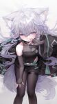  1girl absurdres animal_ears black_leotard black_pantyhose commentary elbow_gloves feet_out_of_frame fingerless_gloves fox_ears fox_tail gloves grey_eyes grey_hair hand_on_own_knee highres leotard long_sleeves original pantyhose shangtianrudi_xiaobailang solo tail thigh_strap wide_sleeves 