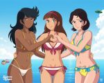  1970s_(style) 3girls anime_coloring arm_around_another's_waist bare_shoulders bikini black_hair blue_sky boss_borot breasts brown_hair bybierre cleavage closed_mouth cloud collarbone cowboy_shot dark-skinned_female dark_skin day frilled_bikini frills front-tie_bikini_top front-tie_top great_mazinger hairband halterneck hand_on_another's_waist heart heart_hands heart_hands_duo highleg highleg_bikini honoo_jun layered_bikini long_hair looking_at_viewer makiba_hikaru mazinger_(series) mazinger_z multiple_girls navel ocean outdoors parted_lips pink_hairband pubic_tattoo retro_artstyle robot_junior short_hair side-tie_bikini_bottom sidelocks sky smile standing string_bikini striped_bikini striped_clothes swimsuit tattoo ufo_robo_grendizer vertical-striped_bikini vertical-striped_clothes water white_bikini yellow_bikini yumi_sayaka 
