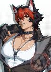  1boy abs animal_ears bara black_coat black_gloves coat collar commentary dog_boy dog_ears earrings english_commentary fingerless_gloves gloves highres jewelry kemonomimi_mode komano_manato leaf_in_hair leather_coat looking_at_viewer male_focus multicolored_hair muscular muscular_male necklace pectorals scar scar_across_eye scar_on_chest scar_on_face shirt shoucchi96 sleeveless sleeveless_shirt tank_top upper_body watermark white_shirt white_tank_top zenless_zone_zero 