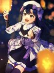  1girl :d beret black_skirt black_thighhighs blue_hair bow brown_eyes commentary_request corset cowboy_shot hat hat_bow highres idolmaster idolmaster_(classic) idolmaster_million_live! idolmaster_million_live!_theater_days izu_(mikirdgn) jacket kisaragi_chihaya kisaragi_chihaya_(intelligent_ice) long_hair looking_ahead official_alternate_costume open_mouth purple_bow purple_corset skirt smile solo standing thighhighs white_hat white_jacket 