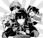  1girl 3boys allen_walker badge birthday birthday_cake black_order_uniform blush blush_stickers cake candle chopsticks closed_eyes collared_jacket collared_shirt colored_extremities commentary_request cropped_torso cross cup d.gray-man dango earrings eating english_text eyelashes eyepatch facial_mark facing_another facing_to_the_side facing_viewer fingerless_gloves food forehead_mark frown gloves greyscale grin hair_between_eyes hair_ribbon happy_birthday headband high_collar high_ponytail holding holding_cake holding_chopsticks holding_cup holding_food holding_plate instant_cup_noodles instant_noodles iridori_nabe jacket jewelry kanda_yuu lavi lenalee_lee long_hair long_sleeves looking_at_food looking_down military military_uniform mitarashi_dango monochrome multiple_boys noodles offering_food one_eye_covered parted_bangs parted_lips plate ponytail profile ribbon scar scar_across_eye scar_on_face shirt short_hair sidelocks sleeves_rolled_up smile soba spiked_hair star_(symbol) star_facial_mark striped_background striped_clothes striped_headband striped_jacket stud_earrings two_side_up vegetable vertical-striped_clothes vertical-striped_headband vertical-striped_jacket wagashi white_background 