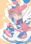  1girl absurdres bow brown_hair cardcaptor_sakura child closed_eyes closed_mouth edoya_inuhachi highres kero kinomoto_sakura magical_girl pink_headwear red_bow white_bow wings 