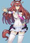  1girl absurdres ahoge animal_ears bare_shoulders blue_eyes blush breasts brown_hair commentary_request covered_navel detached_sleeves ear_ornament grey_hairband grey_leotard grey_skirt grey_sleeves hair_between_eyes hairband hand_on_own_hip highleg highleg_leotard highres horse_ears horse_girl horse_tail large_breasts leotard long_hair looking_at_viewer lowleg lowleg_skirt mihono_bourbon_(mb-19890425)_(umamusume) mihono_bourbon_(umamusume) nanni_jjang necktie outstretched_arm parted_lips pink_necktie silver_hairband skirt solo tail thighhighs umamusume white_leotard white_thighhighs 