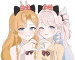  2girls :p ;p ahoge blue_eyes blush braid braided_sidelocks colored_extremities colored_inner_hair commentary denia_(wuthering_waves) green_eyes hair_intakes heart heart_hands highres multicolored_hair multiple_girls one_eye_closed orange_hair pink_hair pointy_ears red_ribbon ribbon sa_30ww school_uniform sidelocks sigrika_(wuthering_waves) simple_background smile tongue tongue_out untranslatable_commentary v wuthering_waves 