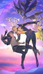  2boys arm_strap arm_up armor asymmetrical_wings belt black_boots black_bridal_gauntlets black_cape black_gloves black_jacket black_pants blonde_hair boots bridal_gauntlets caelus_(honkai:_star_rail) cape cloud cloudy_sky collarbone commentary_request cracked_skin dawnmaker_(honkai:_star_rail) evening fingerless_gloves fingernails floating_cape floating_clothes flying full_body gauntlets gloves gradient_sky grey_belt grey_hair hair_between_eyes halo halo_behind_head hand_up hhh_srrr highres holding holding_quill holding_sword holding_weapon honkai_(series) hood hooded_jacket jacket jewelry long_sleeves looking_at_another male_focus multiple_belts multiple_boys neck_ring ocean open_clothes open_jacket pants pauldrons phainon_(honkai:_star_rail) phainon_(khaslana)_(honkai:_star_rail) pink_sky purple_sky quill shirt short_hair shoulder_armor single_gauntlet single_pauldron sky smile sunset sword t-shirt teeth trailblazer_(honkai:_star_rail) two-sided_cape two-sided_fabric two-sided_jacket waist_cape weapon white_shirt wings yaoi yellow_cape yellow_eyes yellow_halo yellow_jacket 