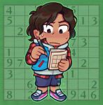  1boy alt_text artist_name black_eyes blue_shoes blue_shorts blue_vest book border brown_hair chibi chibi_only closed_mouth commentary english_commentary full_body green_background green_border green_outline grey_hoodie grovey_(7clubs) holding holding_book holding_pencil hood hood_down hoodie junpei_(kyokugen_dasshutsu) kyokugen_dasshutsu kyokugen_dasshutsu:_9_jikan_9_nin_9_no_tobira male_focus outline pencil plaid_clothes plaid_shirt red_shirt shirt shoes short_hair shorts solo standing sudoku sweat vest 