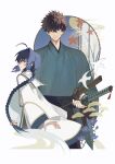  1boy 1other ahoge androgynous black_hair black_hakama blue_eyes blue_kimono braid braided_ponytail brown_hair commentary_request fate/samurai_remnant fate_(series) hair_intakes hair_over_one_eye hakama highres japanese_clothes katana kimono looking_at_another miyamoto_iori_(fate) natsukiki orange_eyes other_with_male sheath sheathed sidelocks simple_background single_braid sword topknot very_long_braid weapon white_background yamato_takeru_(fate) 