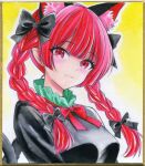  1girl animal_ear_fluff animal_ears black_bow black_dress blush bow bowtie braid breasts cat_ears cat_girl cat_tail closed_mouth colored_pencil_(medium) commentary_request dot_nose dress extra_ears hair_bow head_tilt kaenbyou_rin long_hair looking_at_viewer marker_(medium) multiple_tails nekomata nightmare77zx outline painting_(medium) photo_(medium) pointy_ears red_bow red_bowtie red_eyes red_hair shikishi simple_background small_breasts smile solo split_mouth tail touhou traditional_media twin_braids two_tails upper_body watercolor_(medium) white_outline yellow_background 