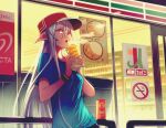  1girl 2023 absurdres aeria_(eudetenis) against_railing artist_name blue_shirt can canned_coffee check_commentary clip_studio_paint_(medium) coffee commentary_request convenience_store crumbs display drink_can eating elf english_commentary eudetenis eyelashes fang food grey_hair hair_between_eyes hat highres holding holding_food holding_sandwich long_hair long_pointy_ears long_sidelocks looking_at_viewer mixed-language_commentary open_mouth original pointy_ears railing red_eyes red_hat romaji_commentary sandwich scar scar_on_cheek scar_on_face shirt shop sidelocks solo steam steaming_food t-shirt very_long_hair very_long_sidelocks window 